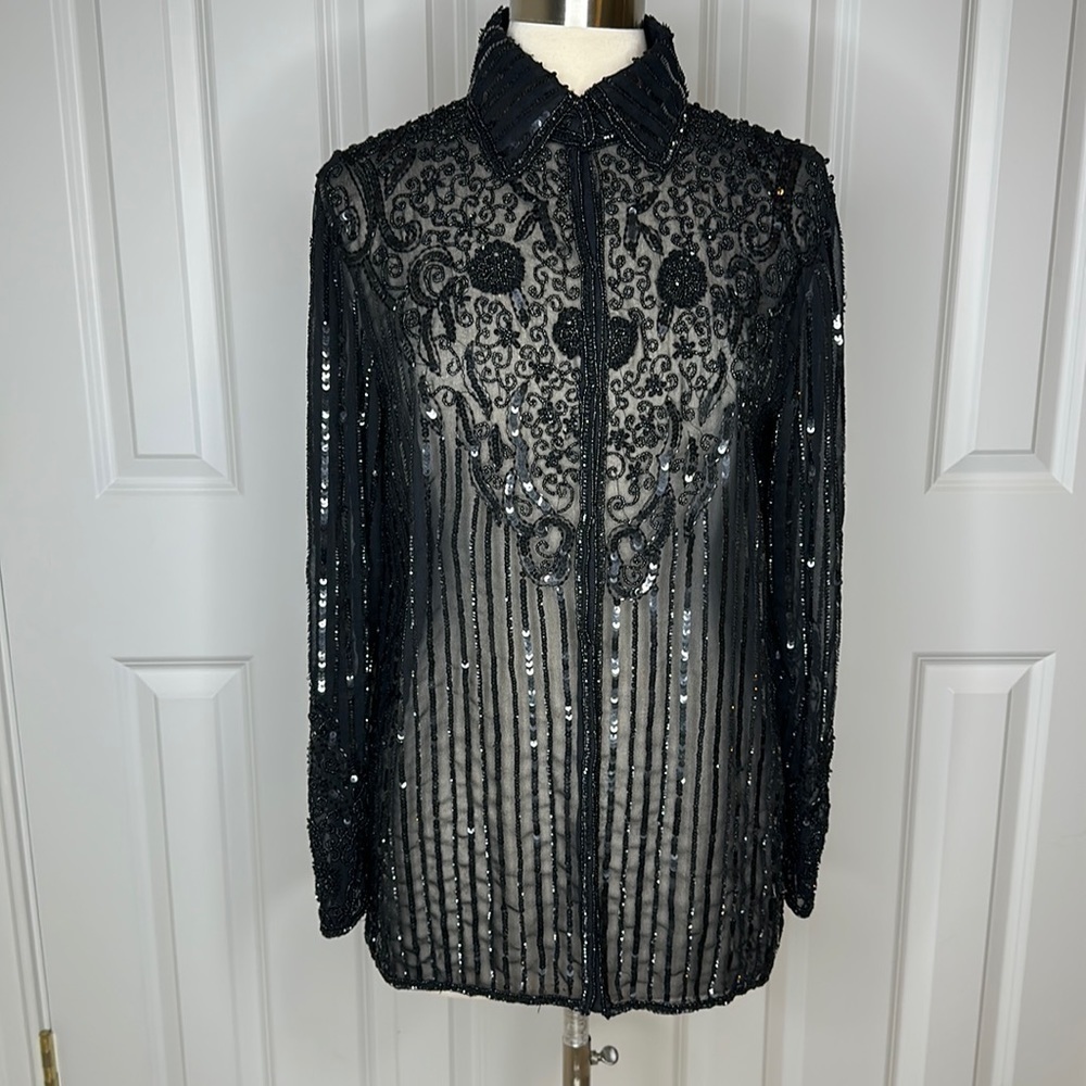 Vintage Black Sheer Beaded Embellished Button-Up Top